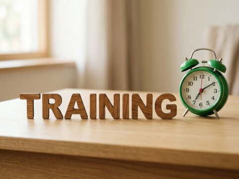 Wooden Letters Spelling TRAINING Next to Green Alarm Clock on Table.