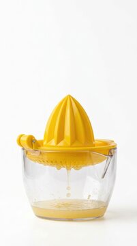 Yellow Citrus Juicer with Freshly Squeezed Lemon Juice in Glass Container.