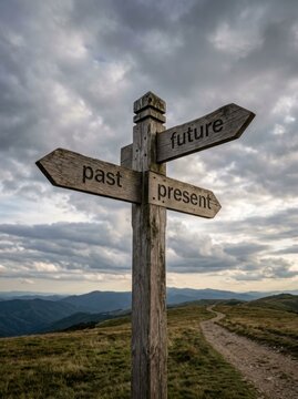 Wooden signpost pointing to past present and future on a mountain path.