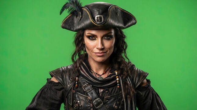 Beautiful Female Pirate in Authentic Leather Costume and Tricorn Hat Isolated on Green Screen Background