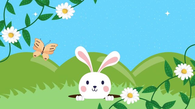 Cartoon rabbit popping up from hole in spring landscape with butterfly and flowers animation.