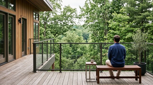 Man sitting on wooden bench on spacious balcony overlooking lush green forest landscape, enjoying peaceful nature view from modern cabin deck, relaxation and mindfulness
