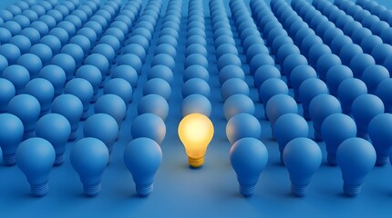Obraz premium A glowing light bulb becomes the focal point among many dim bulbs, conveying uniqueness, intelligence, innovative ideas, creativity, and opportunities for success