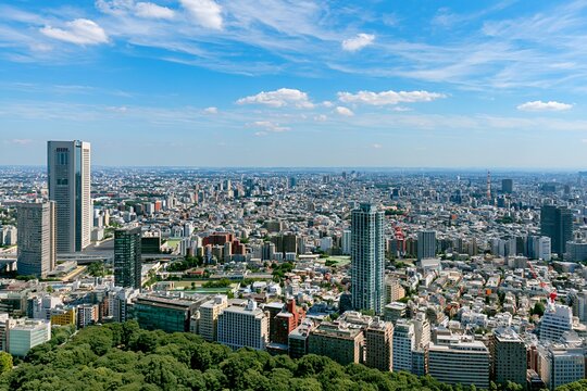 晴れ渡る青空が美しい東京の広大な都市景観とそびえる高層ビル群