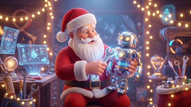 Santa Claus building a robot toy in his workshop with Christmas lights