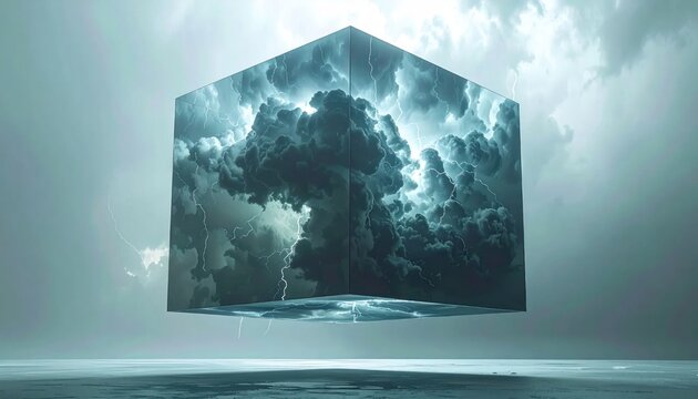 Surreal floating glass cube filled with storm clouds.