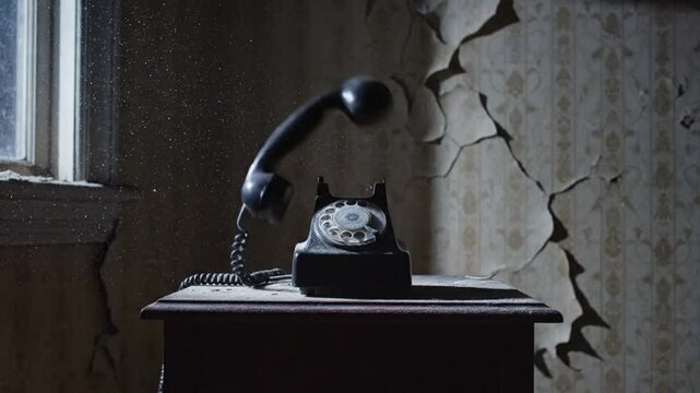 Vintage rotary telephone receiver floating above dusty base in dark atmospheric room setting for cinematic horror motion background video clip