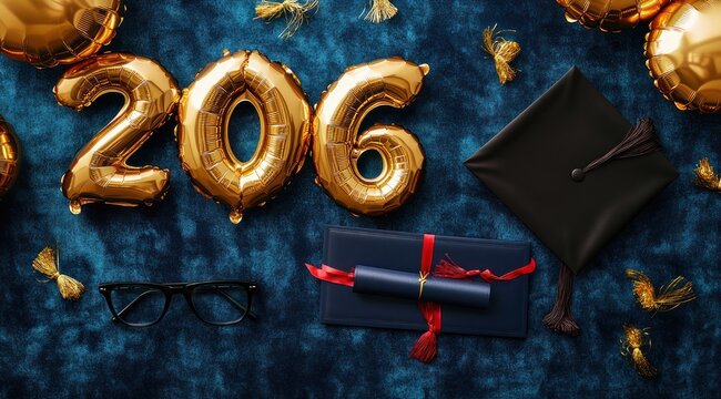 Celebratory graduation flat lay with gold number balloons '206', black mortarboard and tassel, navy diploma holder and red-ribboned scroll, glasses and gold confetti on blue velvet