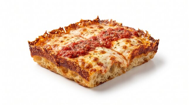 Delicious Detroit Style Square Pizza Slices with Melted Cheese and Tomato Sauce on White Background