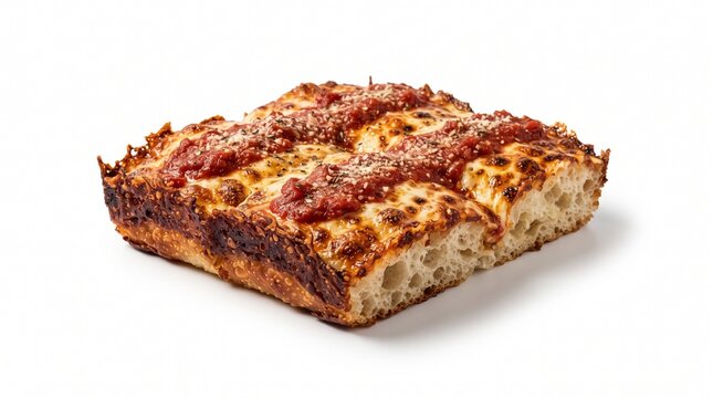 Delicious Detroit Style Square Pizza Slices with Melted Cheese and Tomato Sauce on White Background