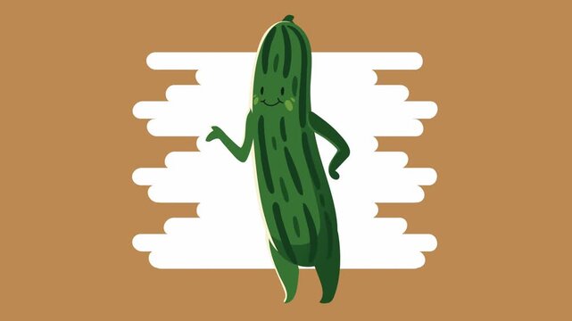 Cartoon cucumber character waving hand on decorative background in vertical motion clip.