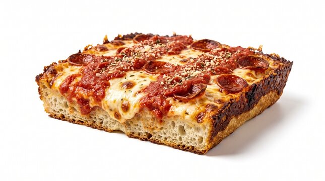 Delicious Detroit Style Pepperoni Square Pizza Slice with Melted Cheese on White Background