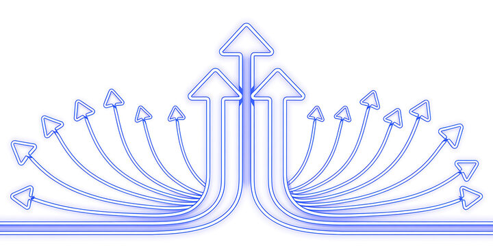 Blue glowing arrows pointing upward in a fan shape pattern on a clean white background.