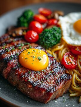 Steak egg spaghetti broccoli mushrooms tomatoes gourmet plate meal food dinner cuisine rustic kitchen delicious grilled striploin pasta vegetables savory dish with rich textures warm lighting