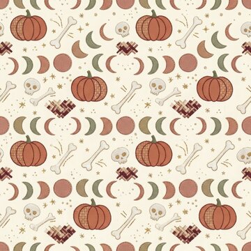 Whimsical Halloween pattern featuring pumpkins skulls moons and bones for festive fall celebrations and decorations.