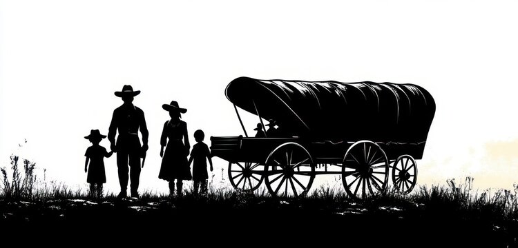 silhouette of a pioneer family of four walking beside a covered wagon across a grassy plain, resolute and hopeful