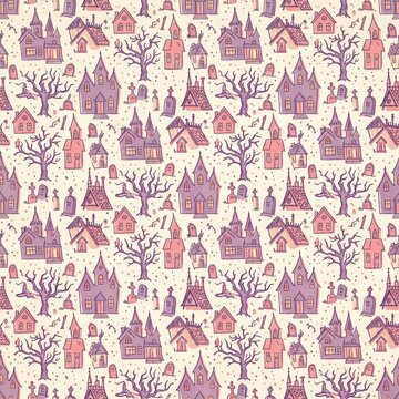Creepy haunted house pattern with spooky trees and gravestones in purple and pink for halloween.