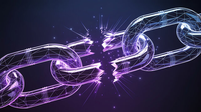 Broken metal chain link with glowing purple wireframe mesh structure on a dark background.
