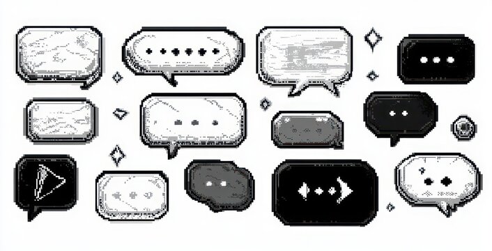 Monochrome pixel-art speech and message bubbles in varied rounded shapes with ellipses, arrows and sparkles conveying quiet pause and anticipation