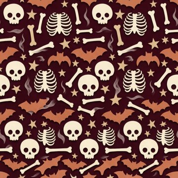 Seamless dark pattern highlights white skulls rib cages bones and orange bats with ethereal smoke for gothic celebrations.