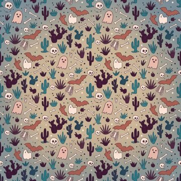Whimsical halloween desert pattern with cute ghosts cactus bones and bats for fun holiday stationery and festive crafts.