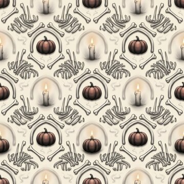 Gothic damask wallpaper pattern featuring glowing candles pumpkins and skeletal bones for a dark aesthetic event decor.