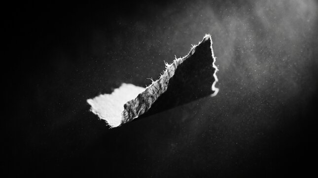 Torn paper scrap floating in dark space with dust particles macro