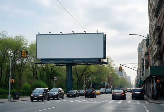 Advertising billboard mockup, outdoor marketing and brand awareness campaign, blank display sign on city street with traffic and urban infrastructure