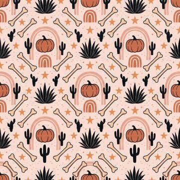 Boho halloween pattern with orange pumpkins bones cacti and rainbow elements on light pink background for seasonal craft.