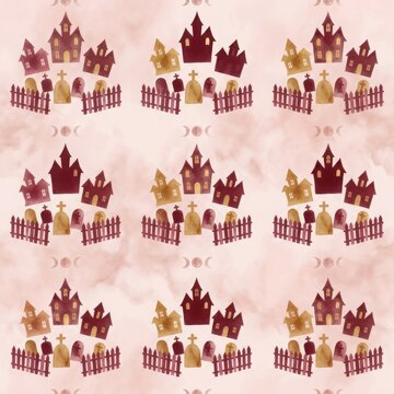Haunted house and graveyard pattern with fence elements on soft peach watercolor background for spooky seasonal designs.