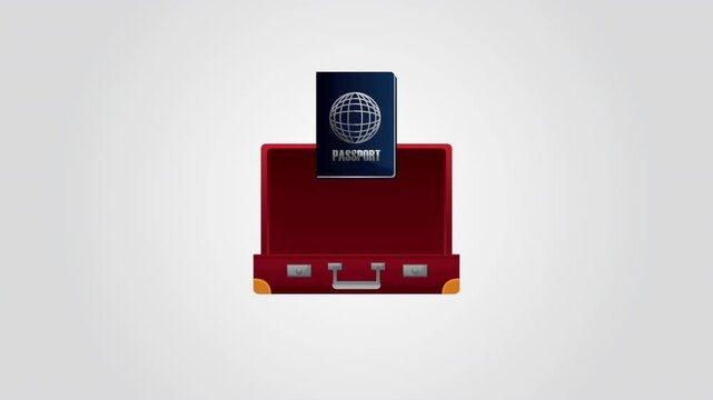 Animated travel luggage flat icon concept with camera passport compass and map appearing from suitcase.