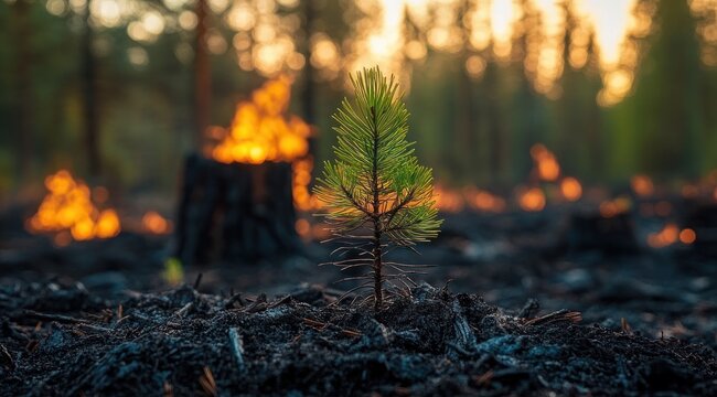Young pine seedling emerging from charred ground amid smoldering tree stumps and distant flames at sunset, symbolizing resilience and hope