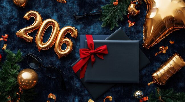 festive flatlay with wrapped gift tied with red bow, gold number balloons 206, gold star balloon, ornaments, confetti, pine sprigs and eyeglasses on dark velvet, joyful celebratory mood