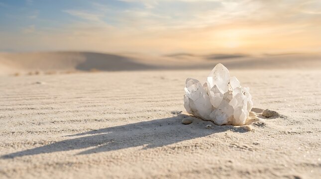 Clear quartz crystal cluster resting on white desert sand dunes