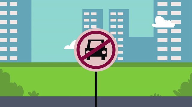 No cars allowed traffic sign in urban city background with buildings and green grass.