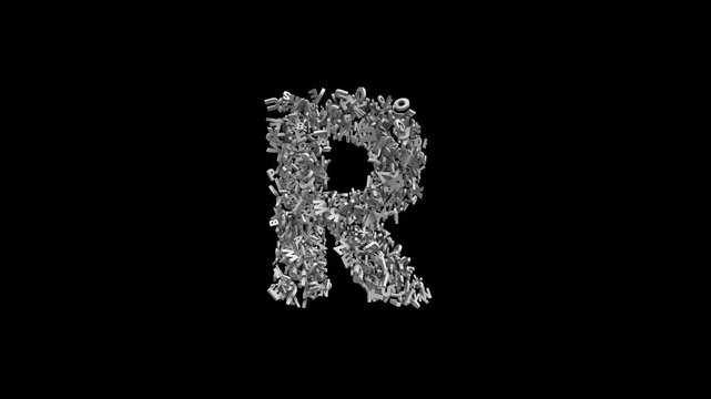 Letter R Formed by Many Small Letters Animation with Alpha Channel. Creative Letter Reveal Animation. Alphabet Animation. 3D Font Animation. Text Based Letter Design. Transparent Background