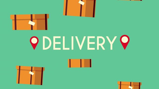 Delivery service animation with falling cardboard boxes and location pins on green background for logistics and shipping concept.