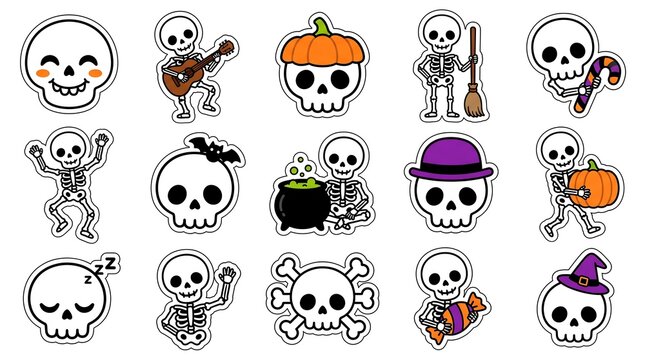 Collection of cute cartoon skulls and skeletons for halloween party sticker designs