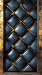 Obraz premium Tall tufted blue leather panel with gold lattice and decorative rosette studs in a distressed gilded frame, conveying opulent vintage elegance