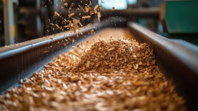 wood chips cascading along an industrial conveyor belt, dynamic motion and warm workshop atmosphere