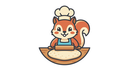 Fototapeta premium Cute cartoon fox cooking pizza in a vector illustration on white background