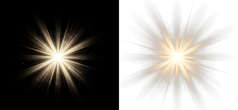Golden light star burst with sparkles and glowing rays isolated on transparent background
