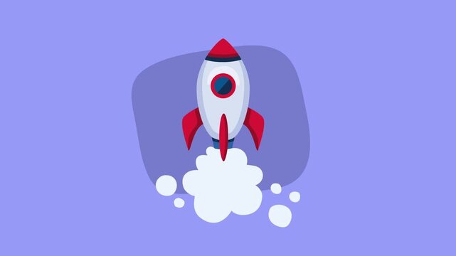 Animated cartoon rocket launching into space with white smoke clouds and light purple background.
