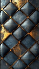 Obraz premium Close up of tufted dark blue leather quilted diamonds with worn gold metallic trim and aged patina, luxurious and slightly distressed mood