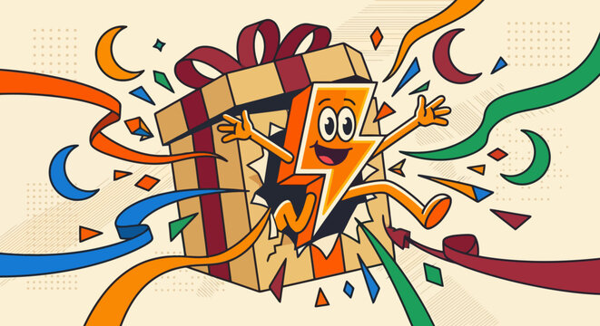 Festive present box opening with flying ribbons and confetti celebration art