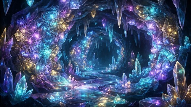 Glowing crystal cave with vibrant purple and blue illuminated geometric structures