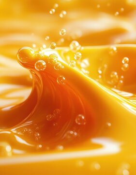 close-up of a golden orange glossy liquid wave with rising bubbles and droplets, vibrant warm energy and silky texture
