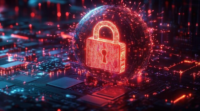 glowing red digital padlock inside a holographic sphere hovering above a circuit board with microchips and sparks, conveying urgent futuristic cybersecurity protection