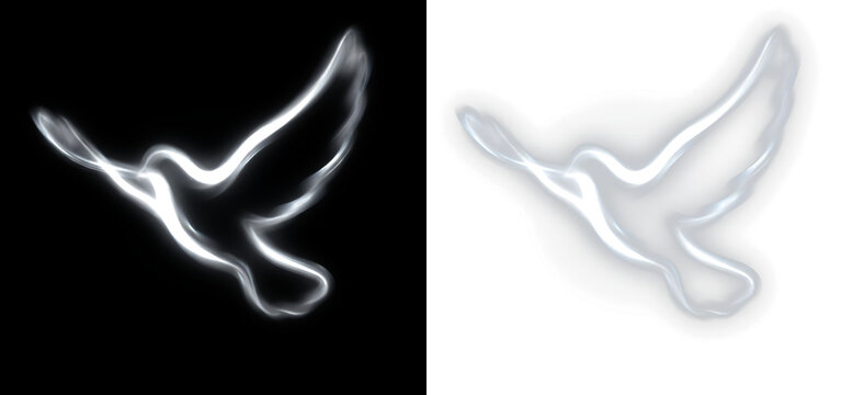 Abstract glowing smoke dove silhouette on black and white isolated on transparent background