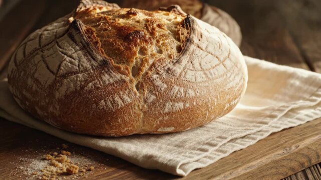 Artisan sourdough bread loaf on linen cloth and wooden board.